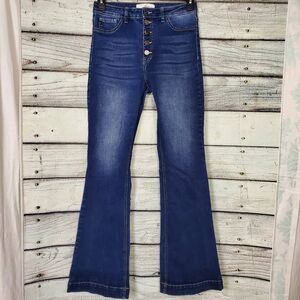 KanCan Women’s High Rise Button Fly Flare Jeans Size 9/28 Dark Wash Stretch